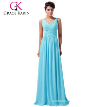 Grace Karin 5 Colors Ladies V-Neck Sleeveless Chiffon Simply Sky Blue Evening Dress Gowns CL6010-3